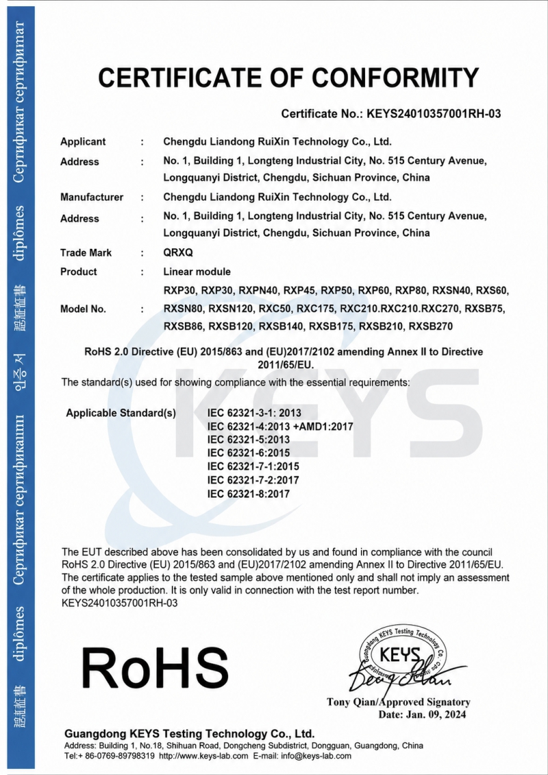 RoHS 2.0 Compliance Certificate (KEYS Issuance)