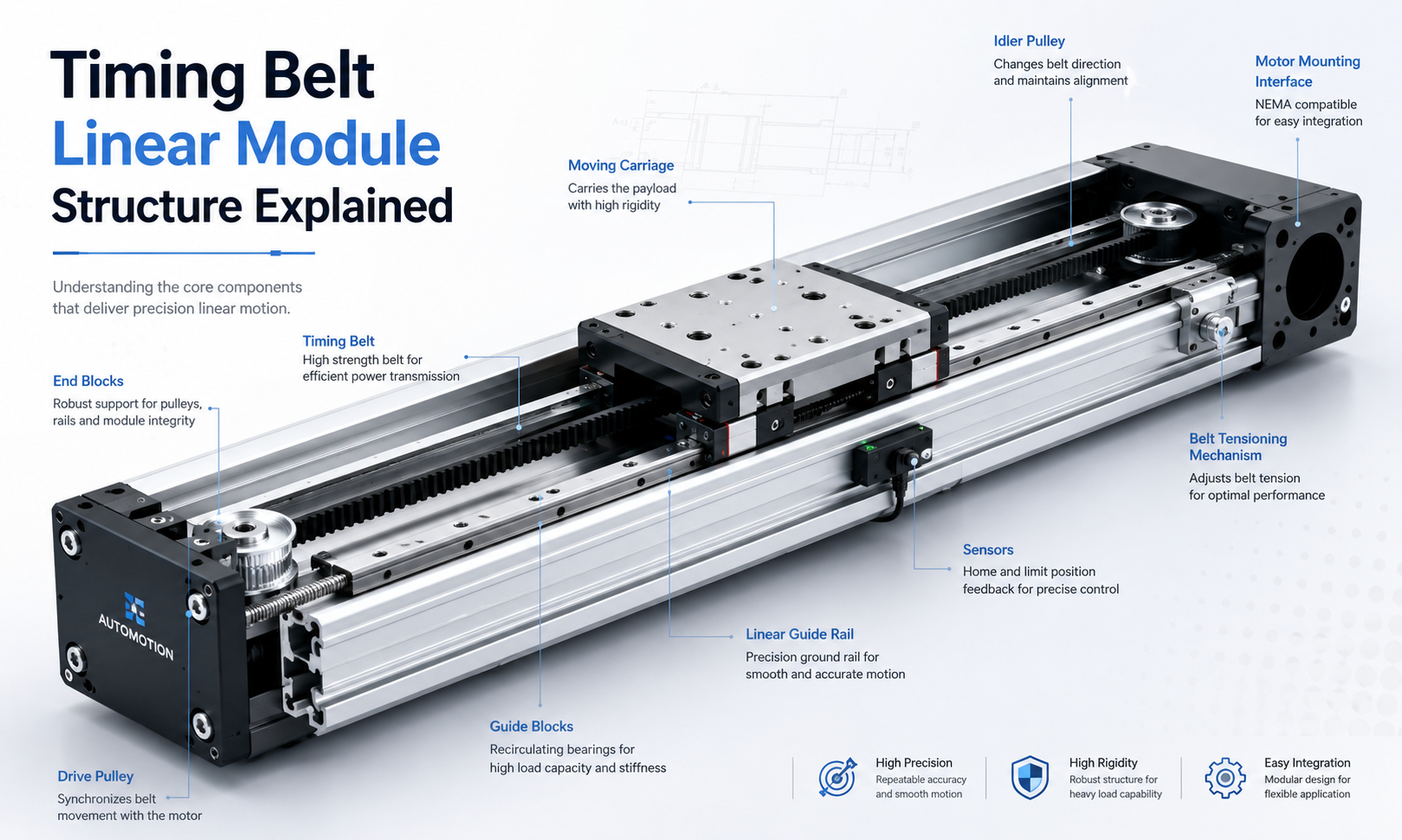 Timing belt linear module structure showing the aluminum profile, linear guide rail, carriage, timing belt, pulleys, motor mount, sensors and tensioning mechanism