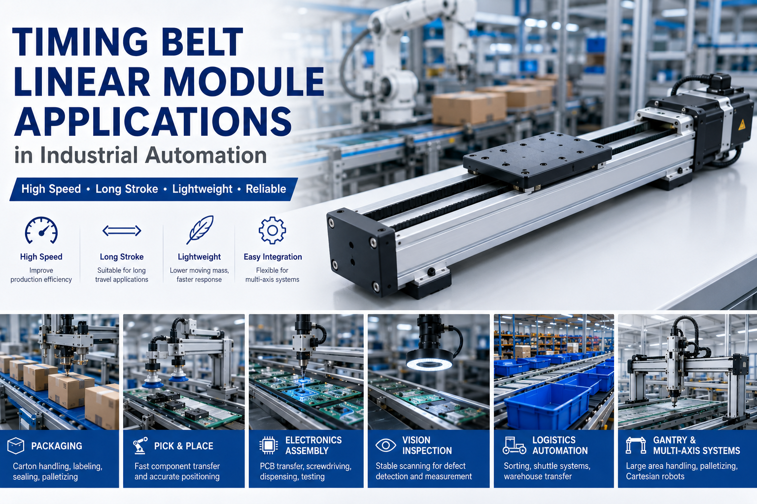 Timing belt linear module applications in packaging, pick and place, electronics assembly, vision inspection, logistics automation and gantry systems