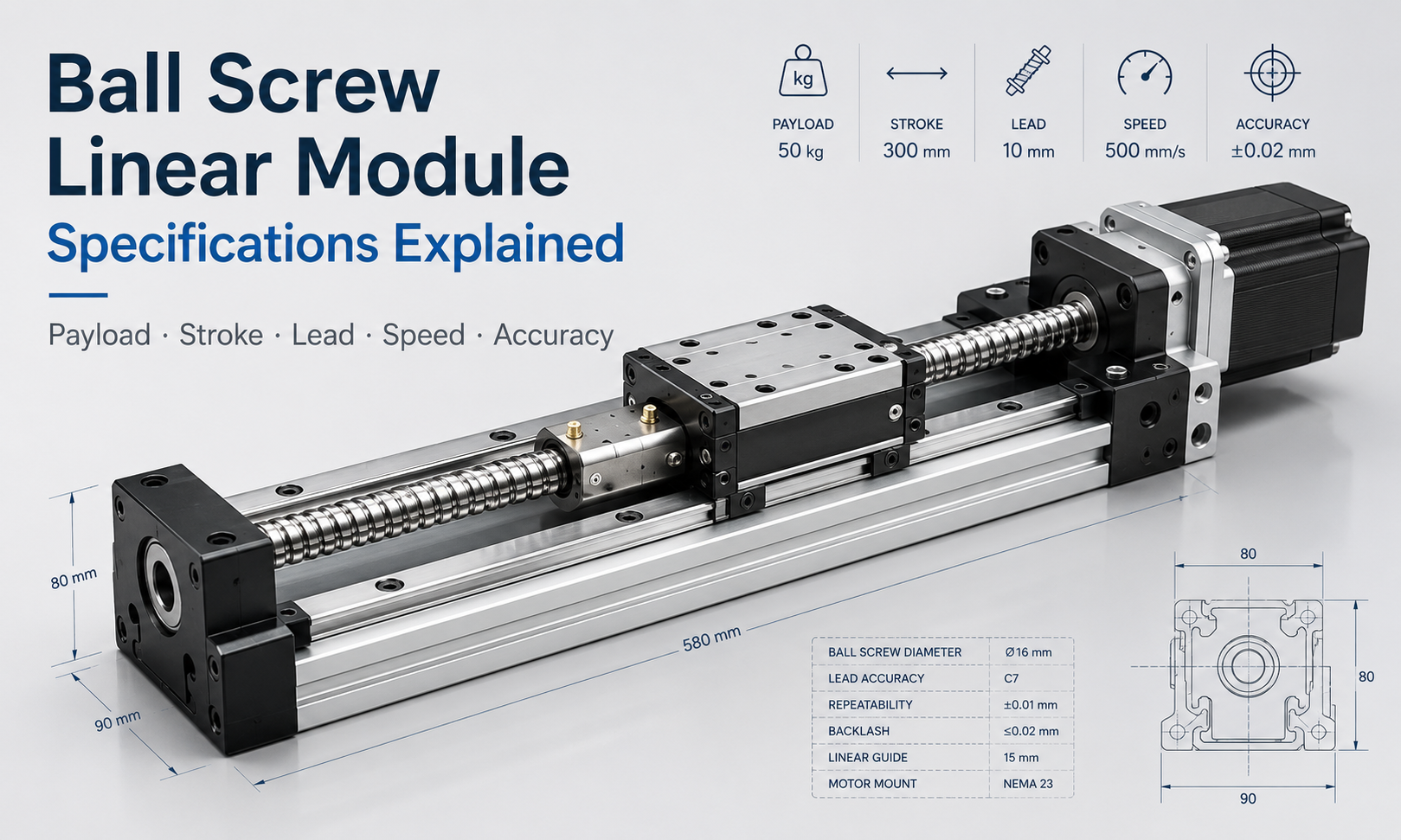 Ball screw linear module specifications showing payload, stroke, lead, speed and accuracy