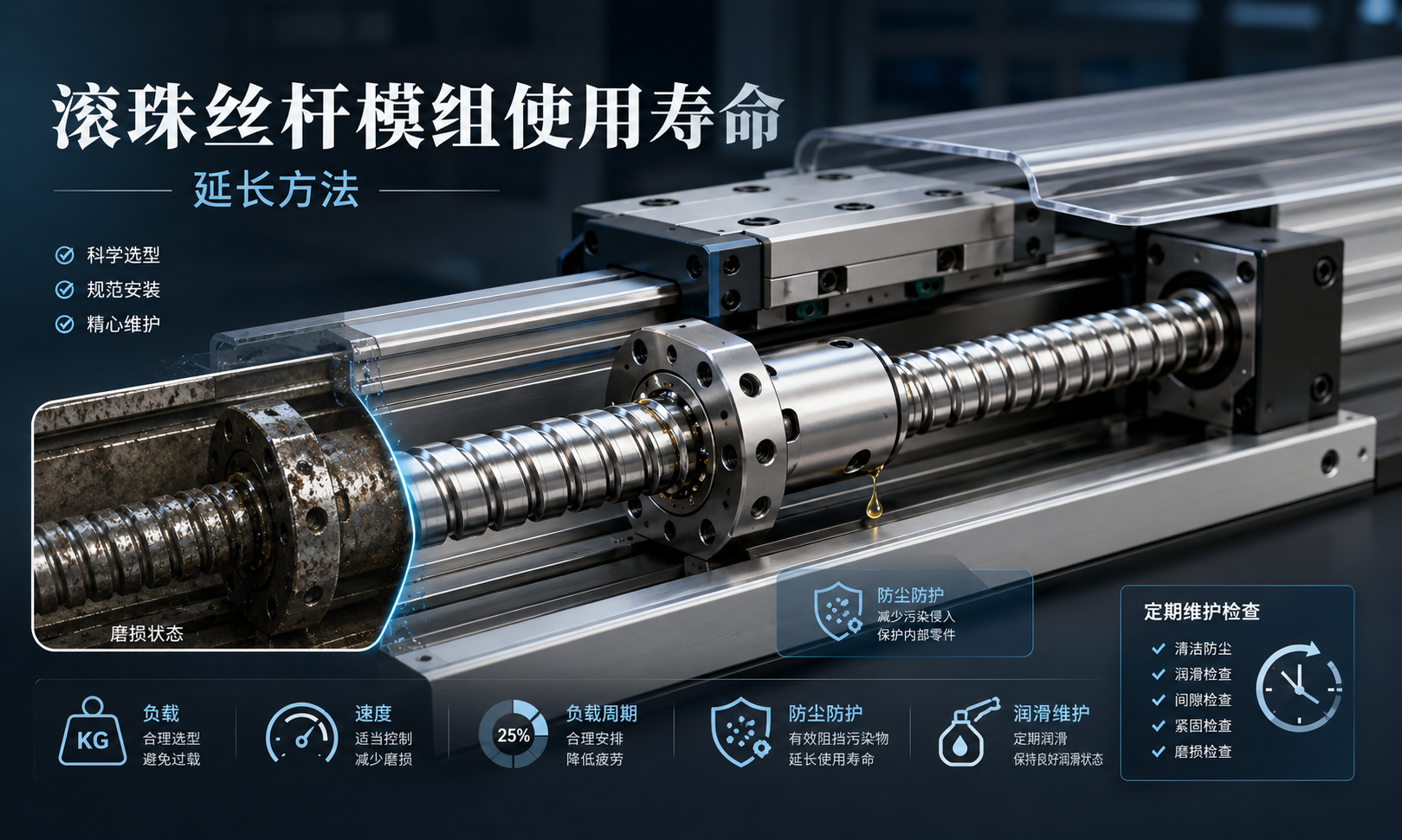 负载、速度、润滑、污染和维护对滚珠丝杆模组使用寿命的影响