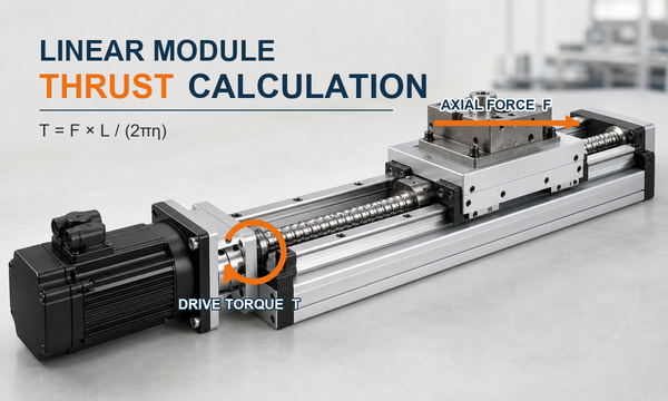 Linear module thrust calculation with a loaded ball-screw carriage, axial force arrow, and servo drive torque.