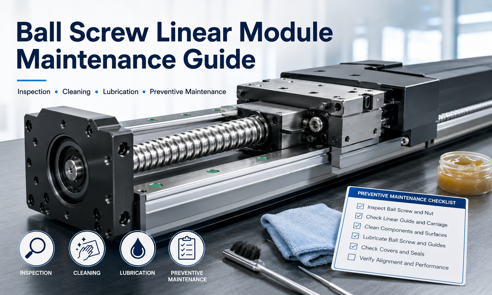 Ball screw linear module maintenance with cleaning, lubrication and inspection checklist