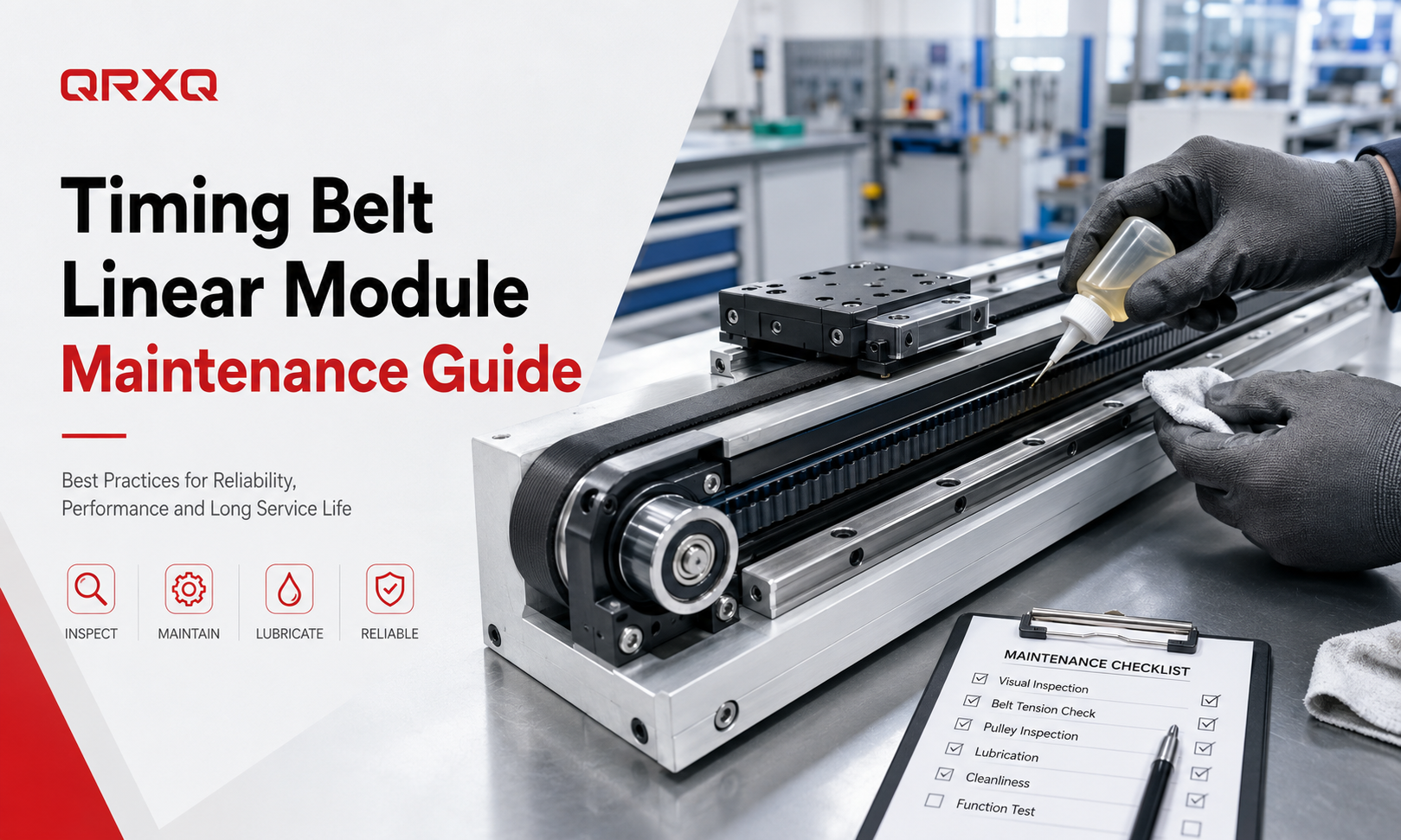 Timing belt linear module maintenance, including belt inspection, tension adjustment, guide rail cleaning and lubrication