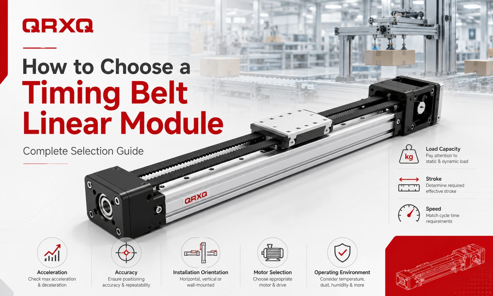 How to choose a timing belt linear module based on load, stroke, speed, acceleration, accuracy, installation orientation, motor selection and operating environment