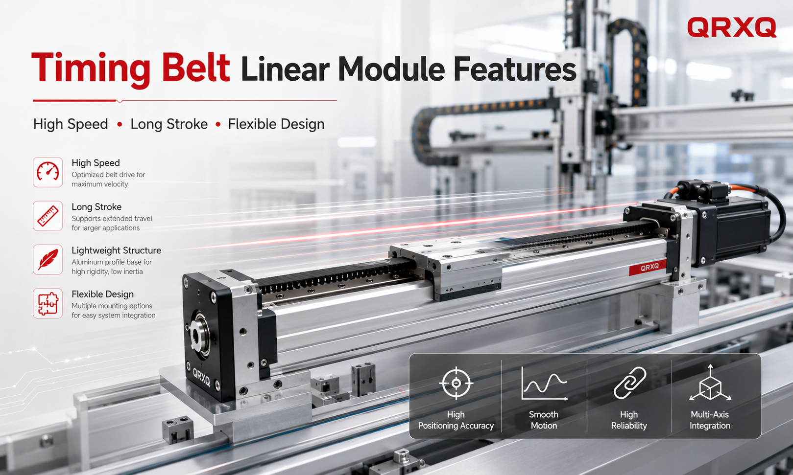 Timing belt linear module features including high speed, long stroke and flexible multi-axis integration