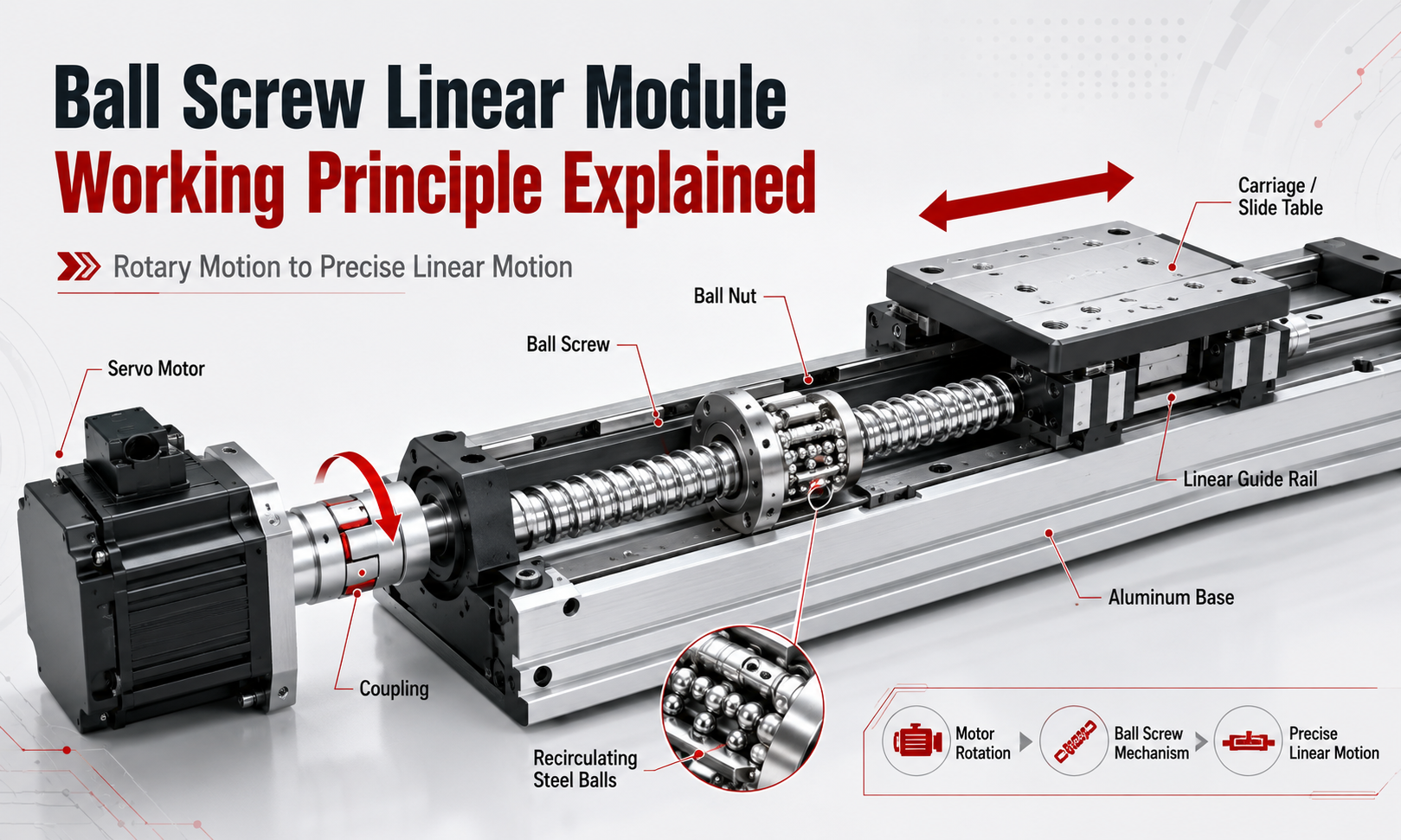 Ball screw linear module working principle showing servo motor, coupling, ball screw, recirculating ball nut, linear guide and carriage