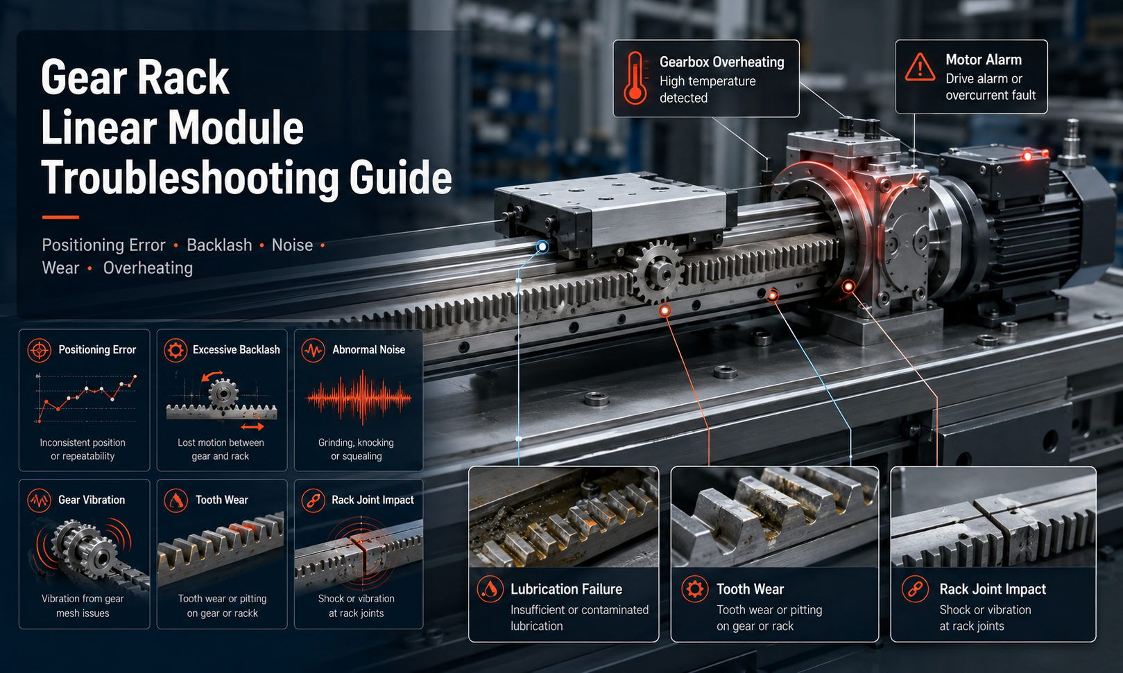 Gear rack linear module troubleshooting for positioning errors, excessive backlash, abnormal noise, tooth wear and gearbox overheating