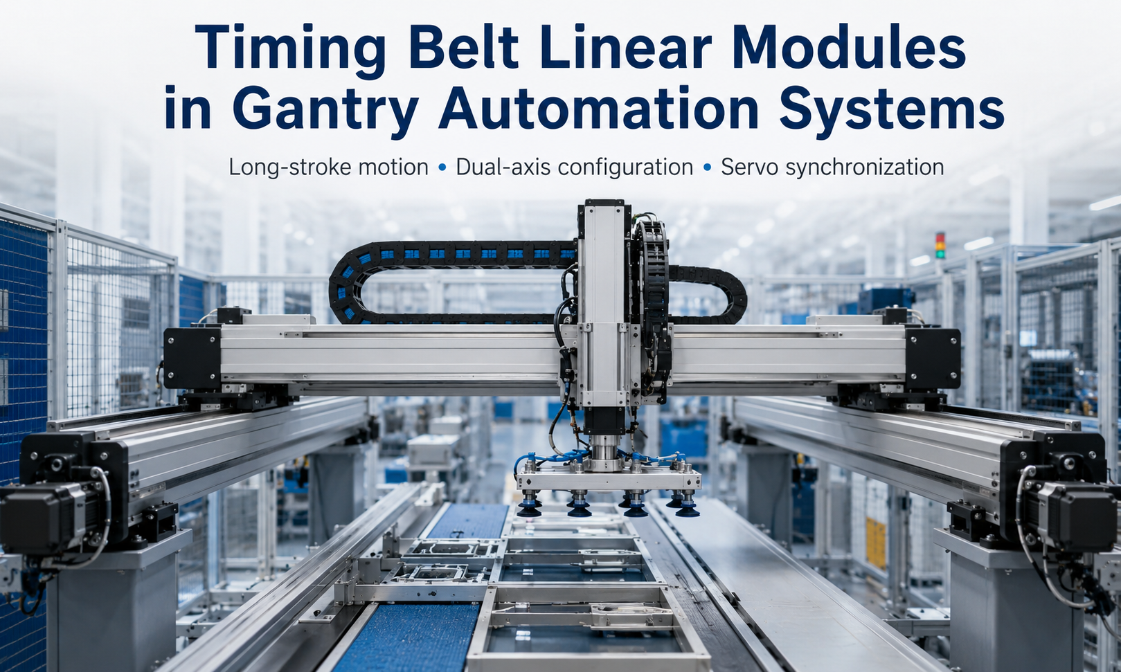 Timing belt linear modules used in a dual-axis gantry automation system