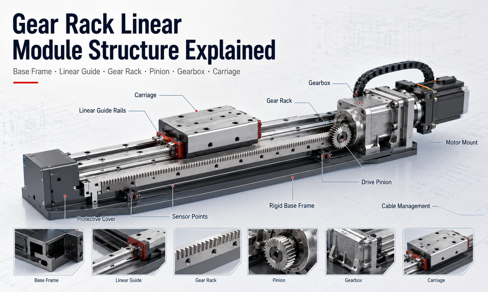 Gear rack linear module structure showing the base frame, linear guide rails, gear rack, pinion, gearbox, carriage and motor