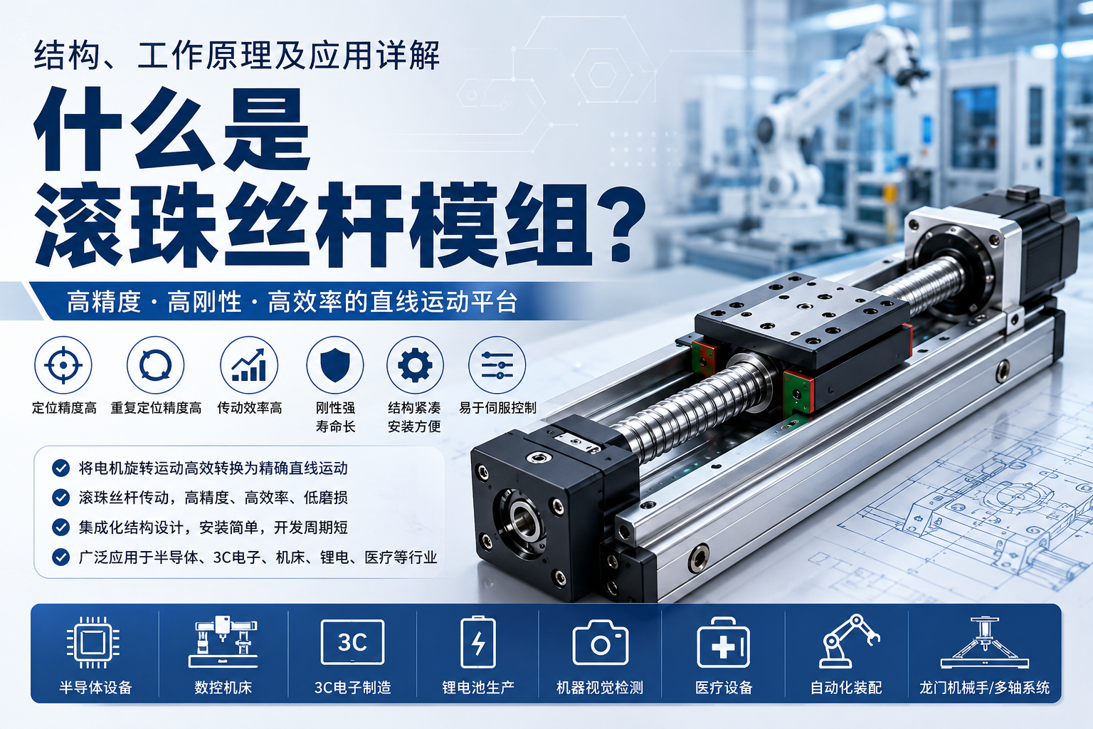滚珠丝杆模组实物展示，集成伺服电机、滚珠丝杆、直线导轨及滑台，用于工业自动化高精度直线运动。
