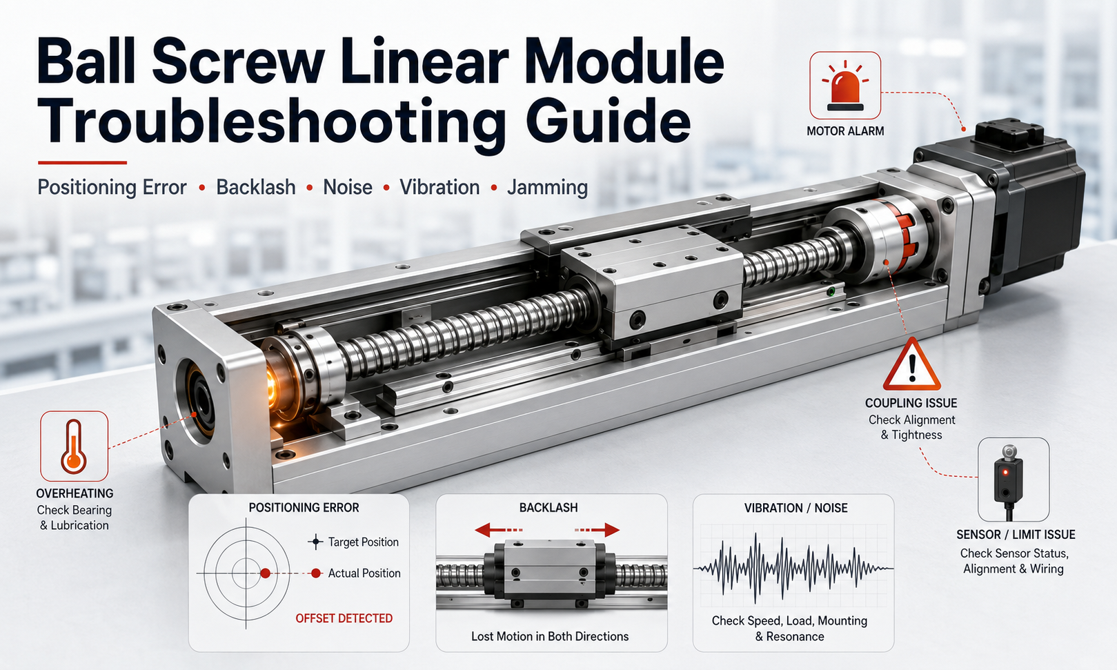Ball screw linear module troubleshooting guide showing positioning error, backlash, abnormal noise, vibration, overheating, coupling and sensor faults