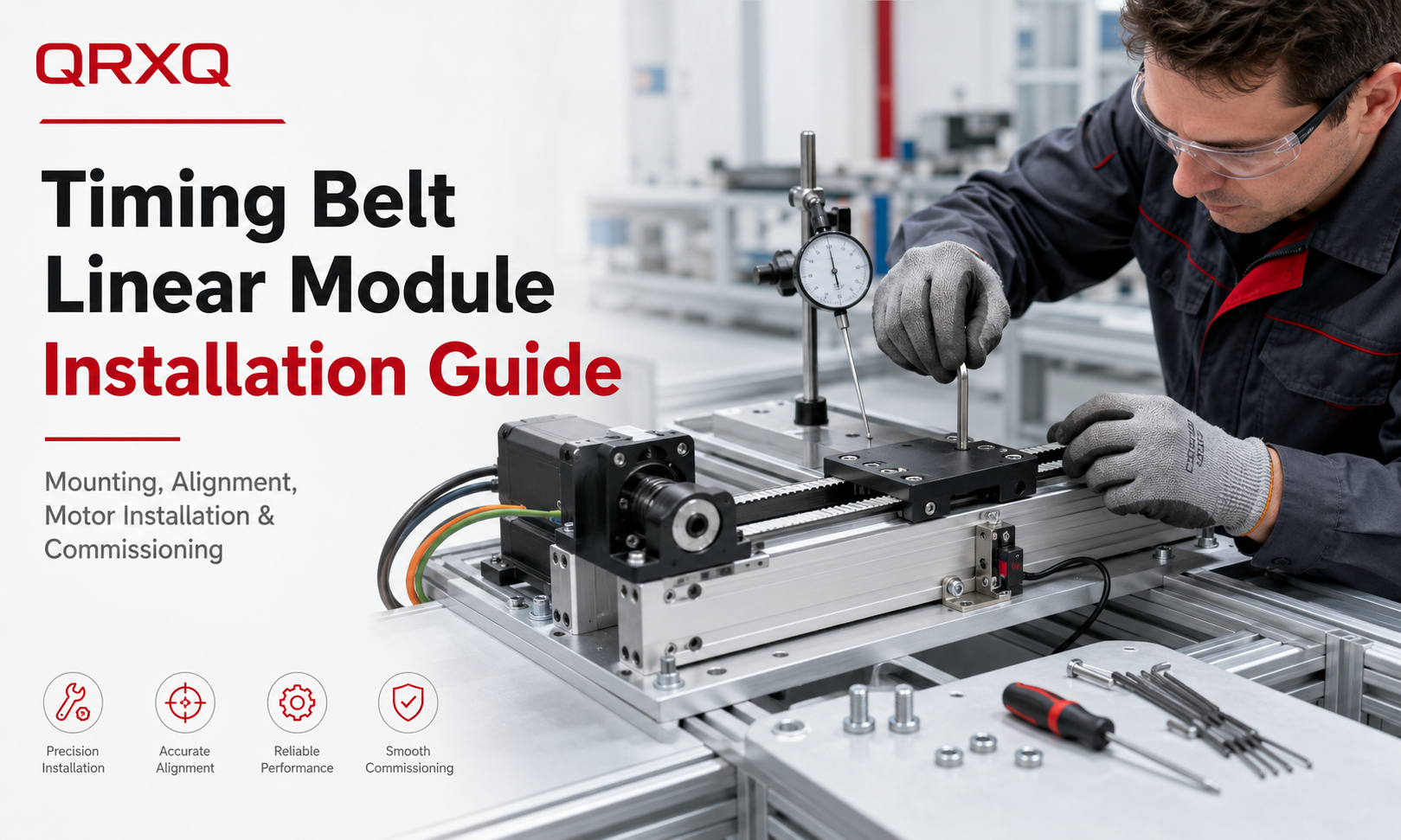 Technician installing and aligning a timing belt linear module using a dial indicator and installation tools