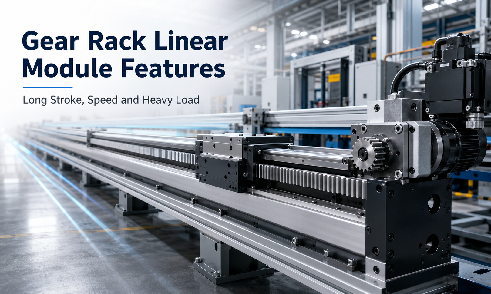 Gear rack linear module features including long stroke, high speed, heavy load, rigidity and modular extension