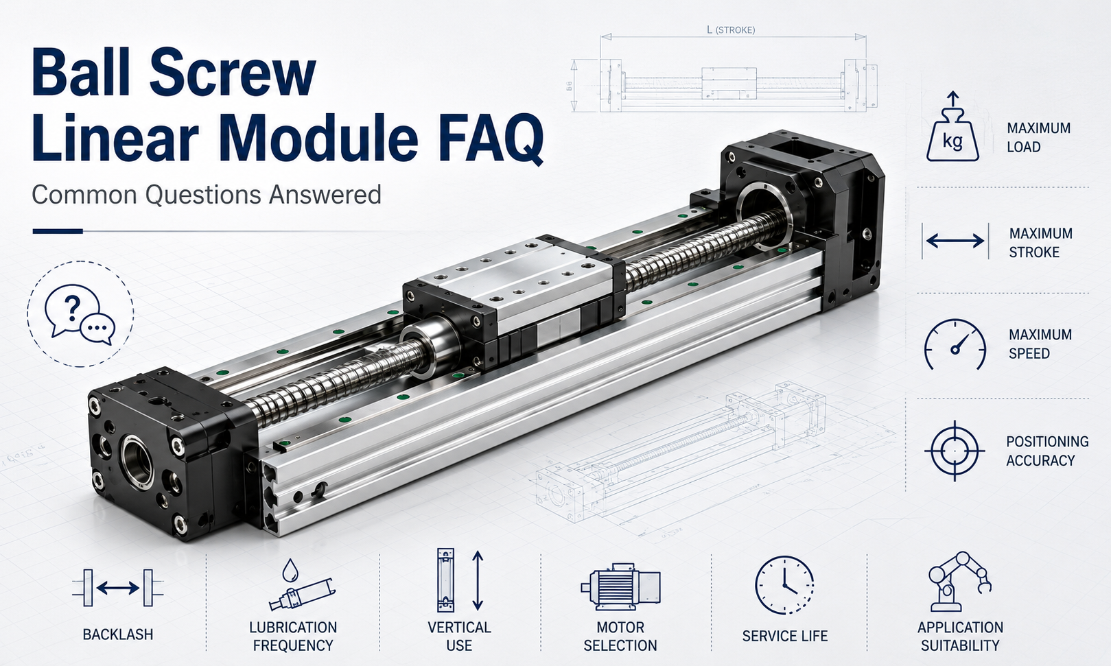 Ball screw linear module FAQ covering load, speed, accuracy, lubrication, vertical use and service life