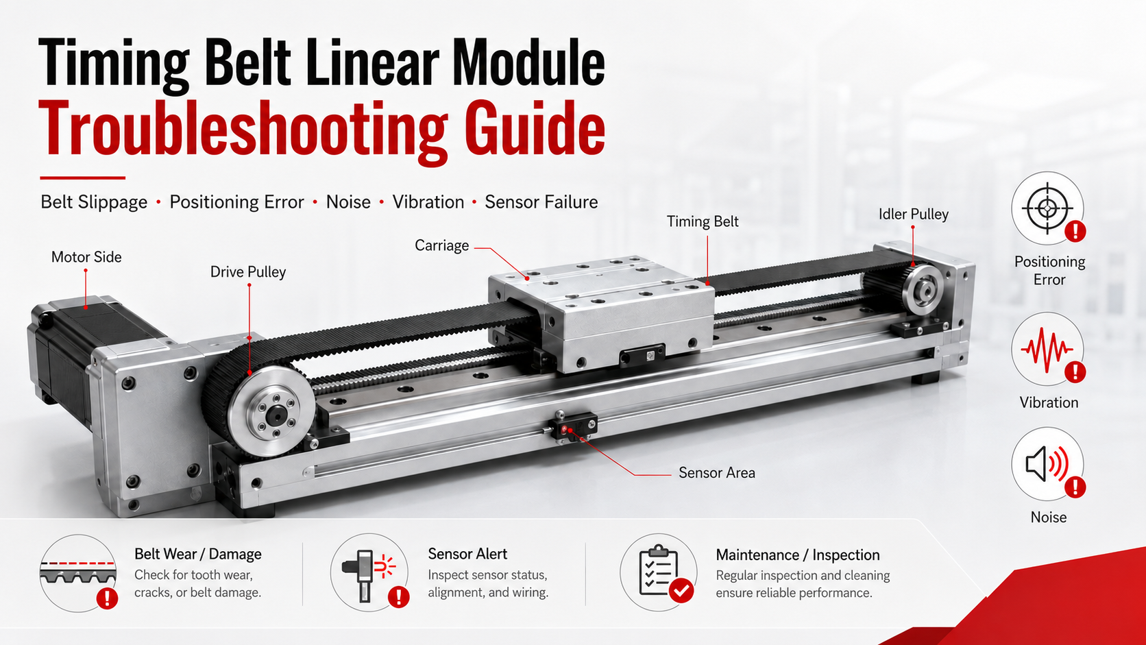 Timing belt linear module troubleshooting guide showing belt slippage, positioning errors, vibration, abnormal noise, belt wear and sensor faults