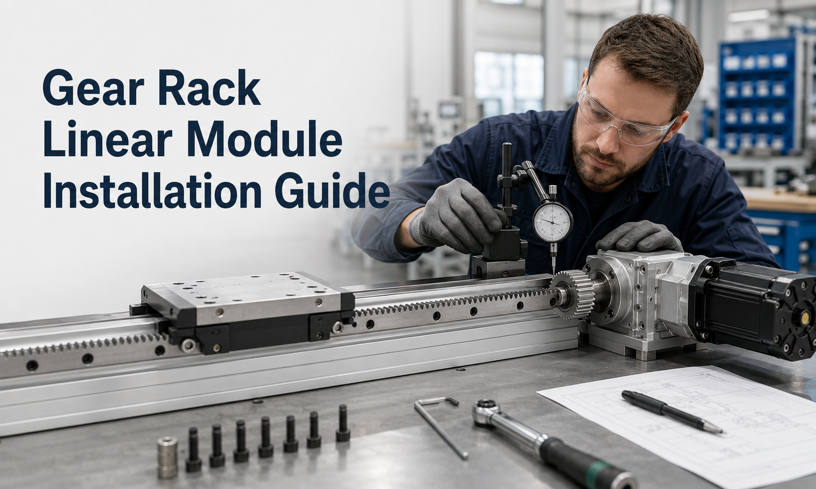 Technician aligning segmented gear racks and checking pinion meshing during gear rack linear module installation