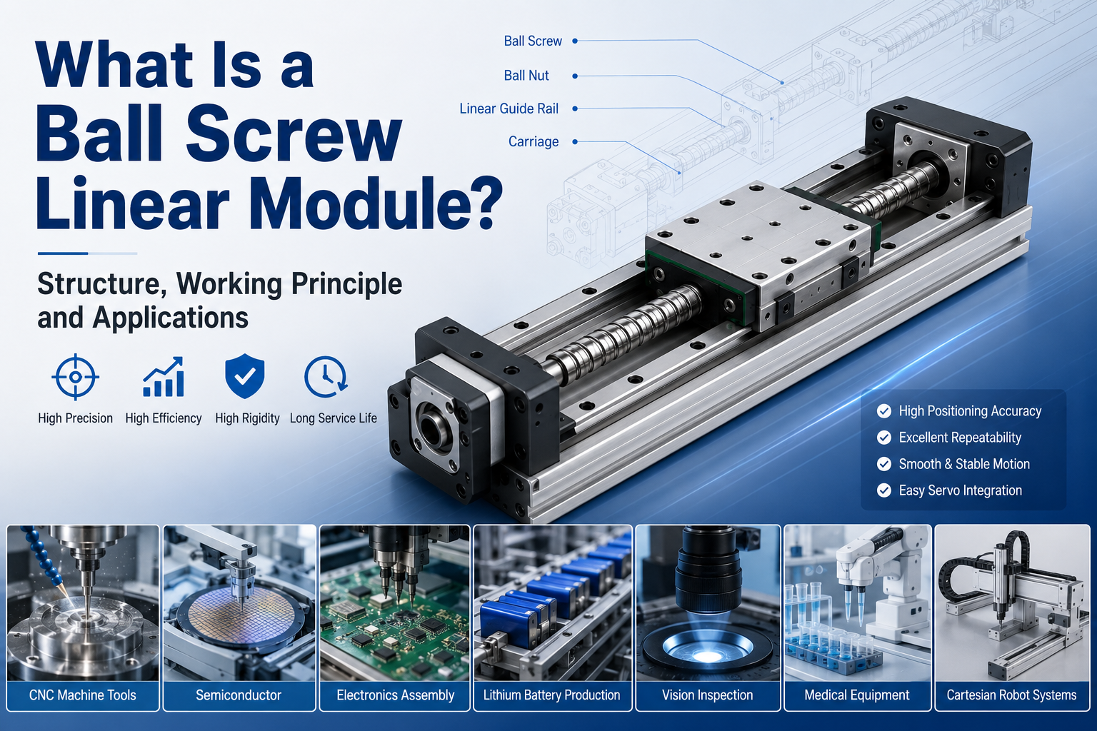 Ball screw linear module showing its structure, working principle, key advantages and industrial applications