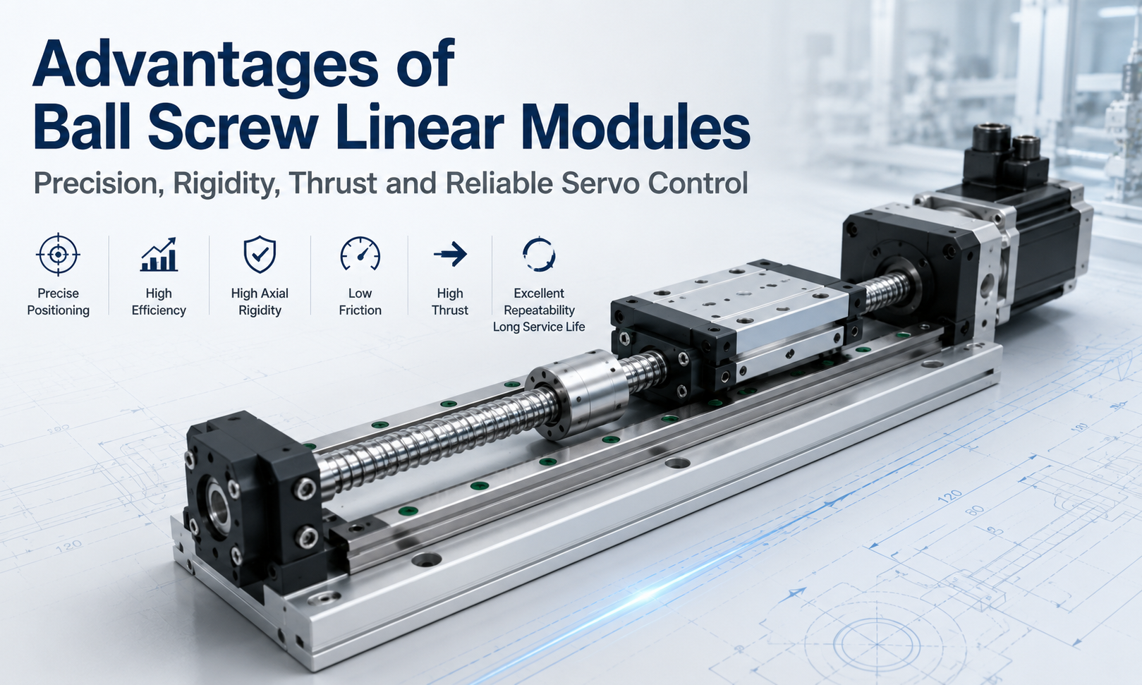 Advantages of ball screw linear modules including precise positioning, high rigidity, high thrust and reliable servo control