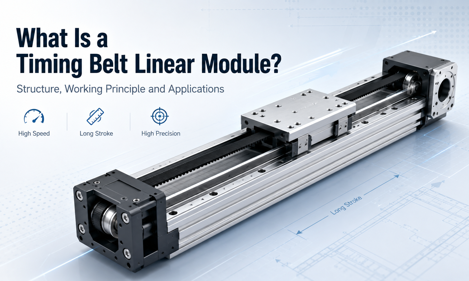 Timing belt linear module showing the belt drive, linear guide, carriage and aluminum base structure