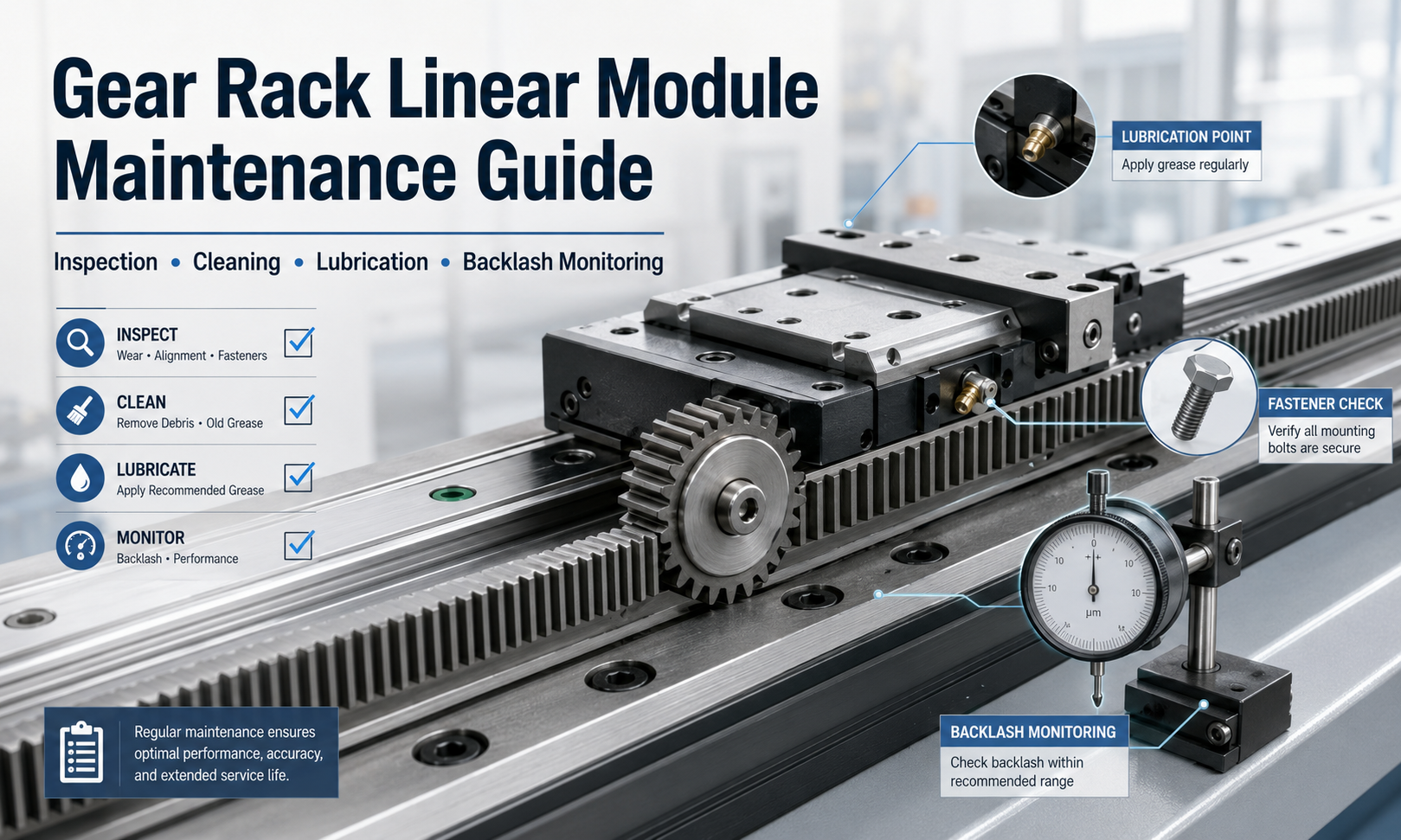Gear rack linear module maintenance including rack cleaning, pinion inspection, lubrication and backlash monitoring