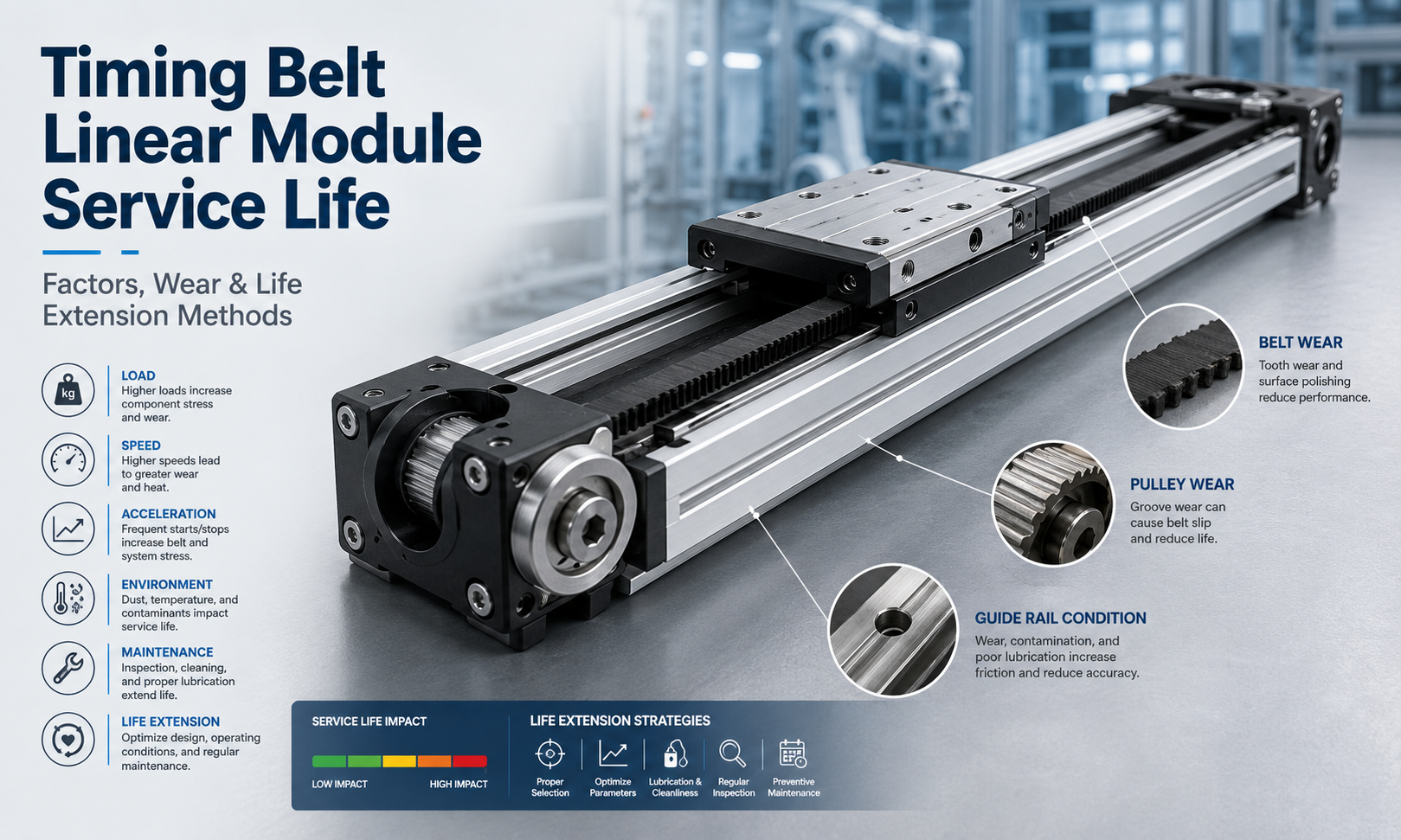 Timing belt linear module service life, wear factors and life extension methods