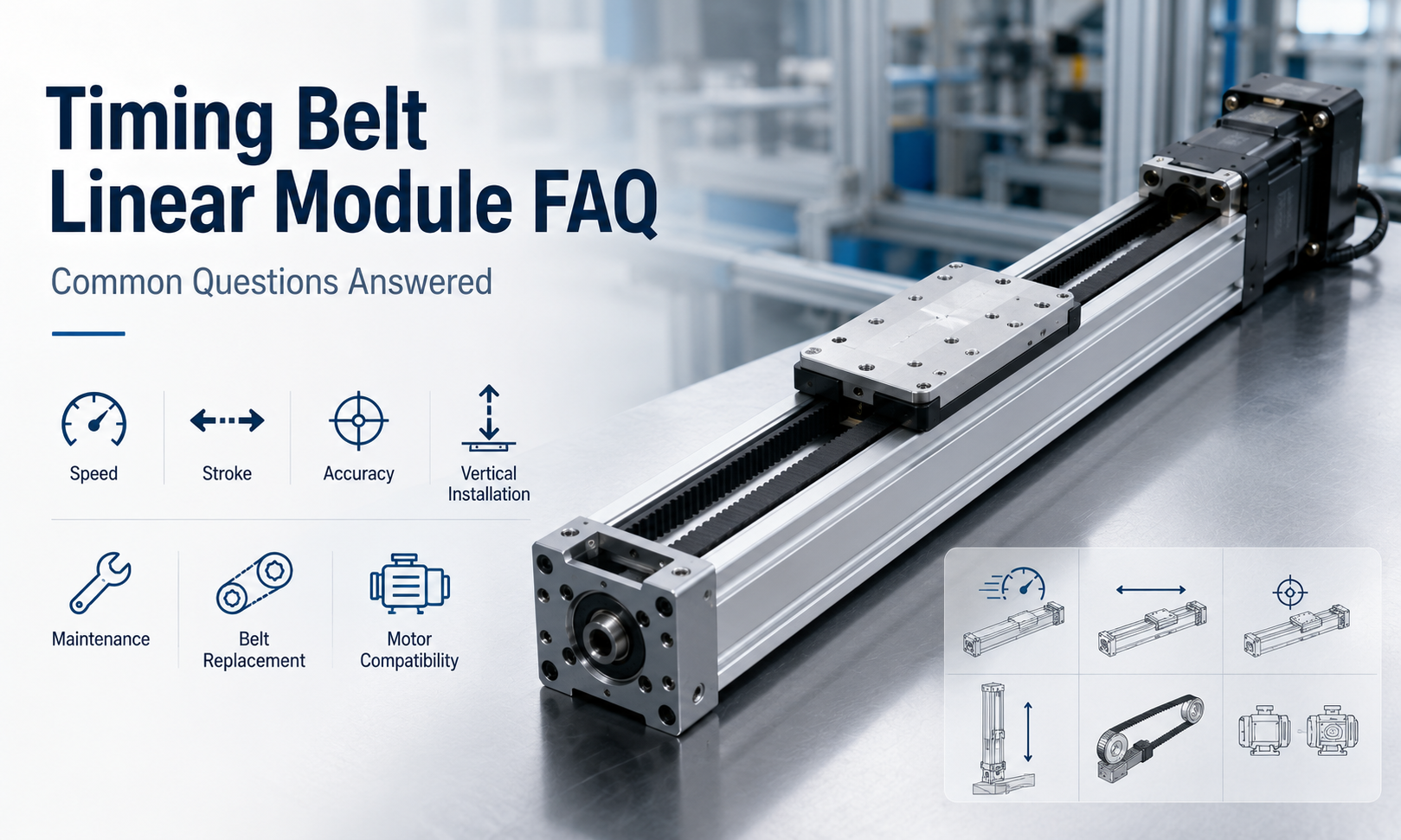 Timing belt linear module FAQ covering speed, stroke, accuracy, vertical installation, maintenance, belt replacement and motor compatibility