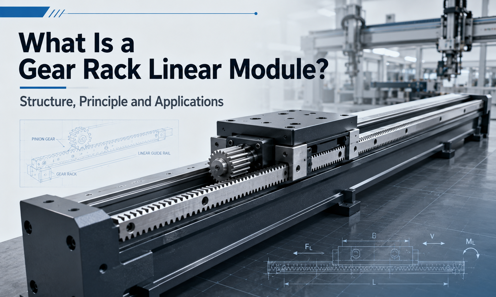 Gear rack linear module showing the pinion gear, rack, carriage and linear guide structure
