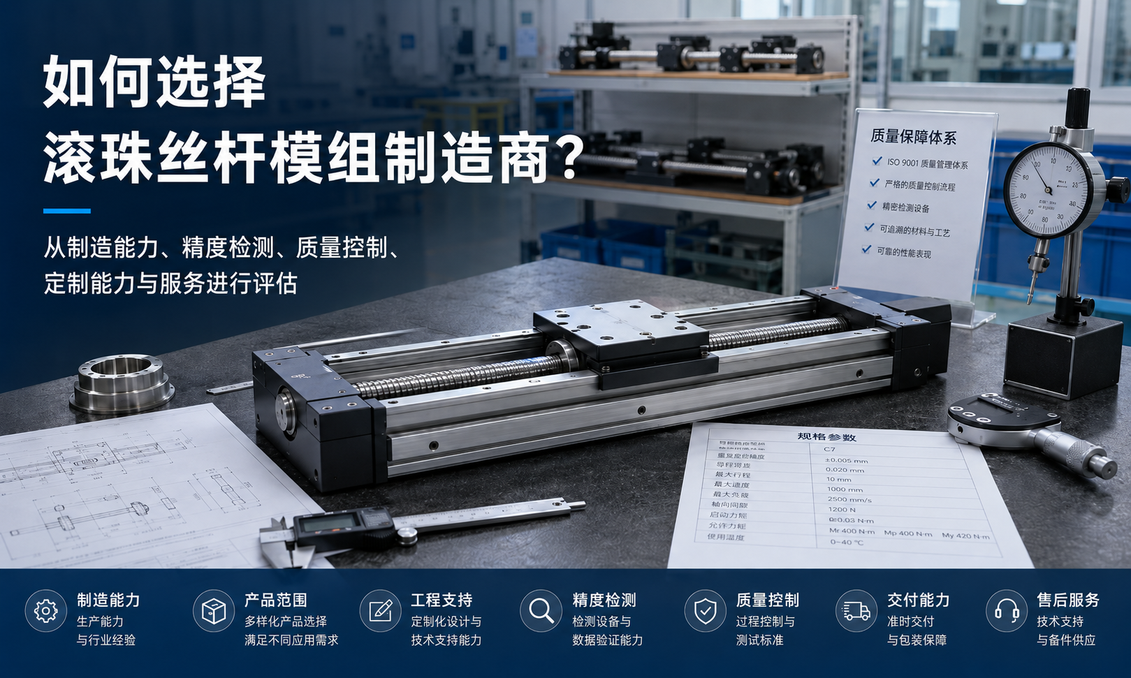 滚珠丝杆模组厂家评估场景，展示精密装配、精度检测、工程图纸和质量控制