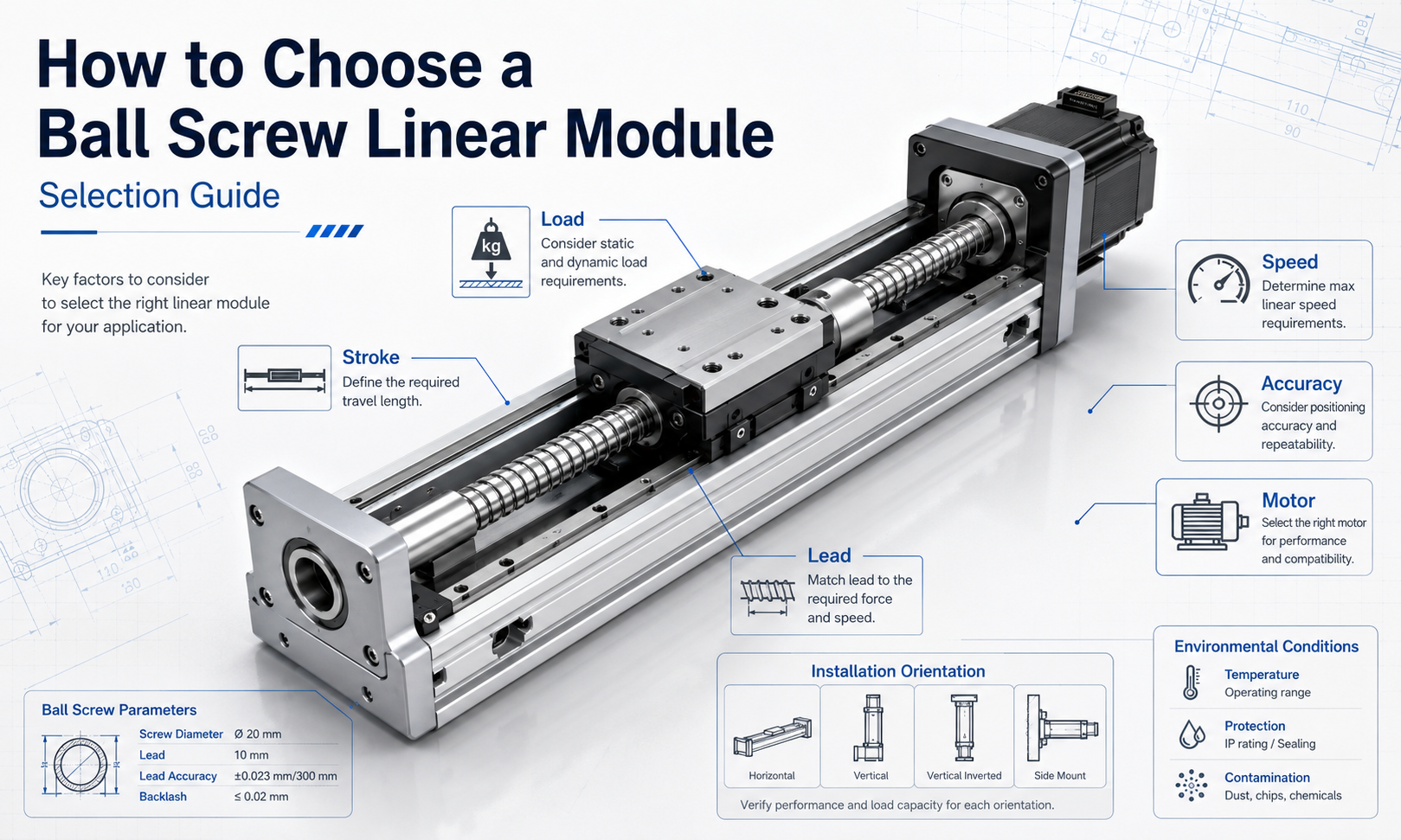 Ball screw linear module selection guide showing load, stroke, lead, speed, accuracy, motor and installation factors
