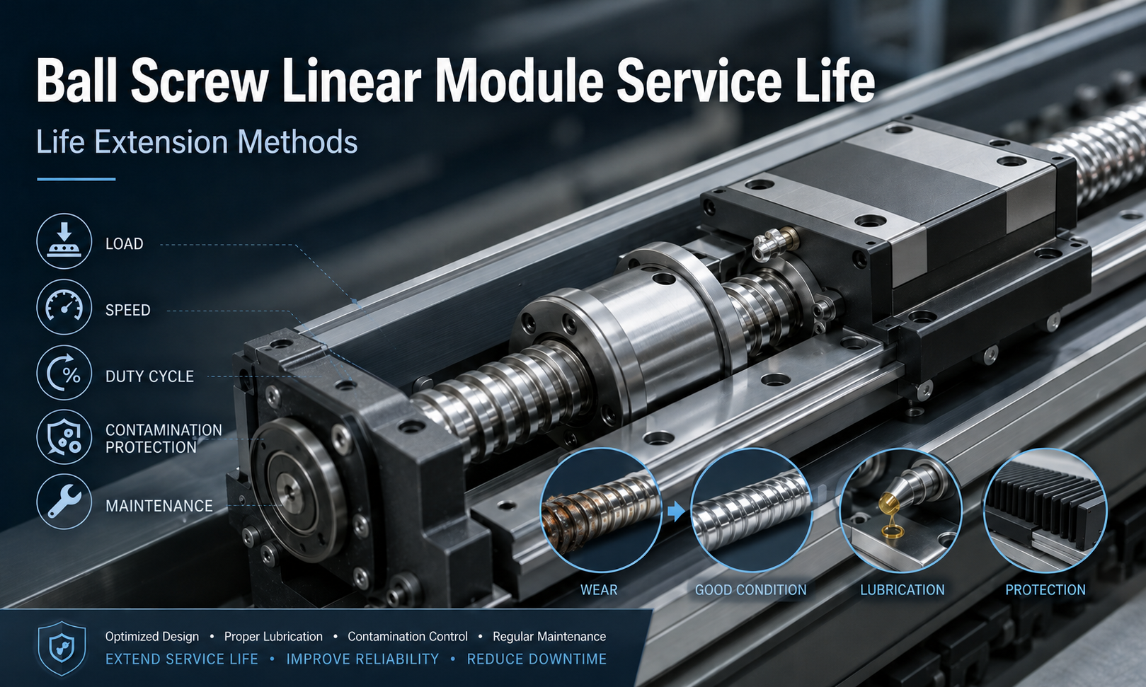 Ball screw linear module service life affected by load, speed, lubrication, contamination and maintenance