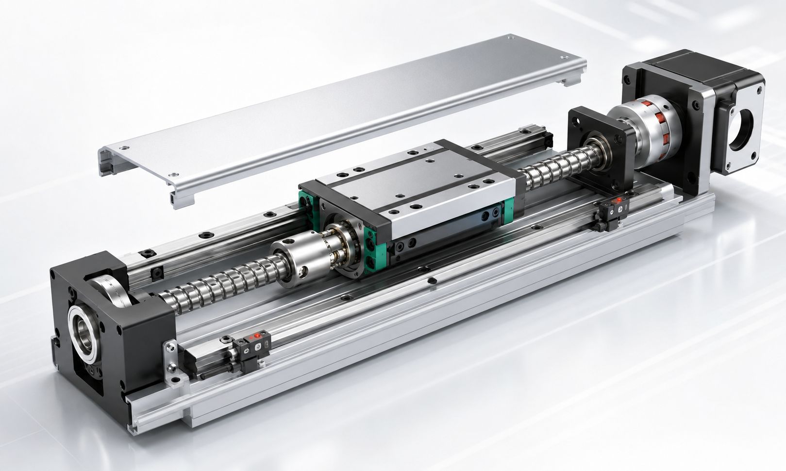 Ball screw linear module structure showing the aluminum base, ball screw, linear guides, carriage, supports, coupling and motor mount