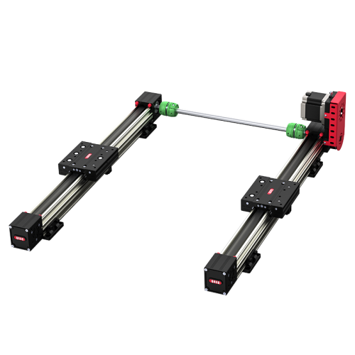 RXP-X-101-双轴同步联动结构:该结构由两组平行布置的直线模组组成，通过中间联轴传动轴实现双边同步驱动。驱动端电机安装于单侧，通过联轴器与传动轴连接，实现左右模组同步运行，保证双边运动一致性与运行平稳性。
整体采用平行双导轨布局，可有效提升横向负载能力与运行稳定性，适用于长行程、高惯量工况下的同步传动需求。同步轴联动方式可降低双驱系统中的偏移风险，避免运动过程中产生不同步现象。