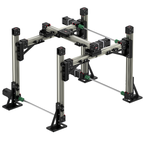 RXP-XYZ-118-双工位XYZ桁架机械手结构（双龙门联动系统）:该结构采用双套独立龙门模组组合布局，每组均由立柱式Y轴、横向X轴及垂直Z轴组成，通过同步联轴机构实现双边同步驱动，形成双工位XYZ桁架机械手系统。

每套龙门结构均具备完整的三轴空间运动能力，可实现独立运行或协同联动作业。双工位布局能够显著提升设备节拍效率与产线覆盖范围，适用于多工位同步加工、搬运或装配应用。

整体结构采用高立柱支撑与双边同步驱动方案，可有效提升系统刚性、稳定性及大跨度运行能力。同时，多套龙门并行布局有利于实现工艺分区、工位协同及柔性自动化生产。