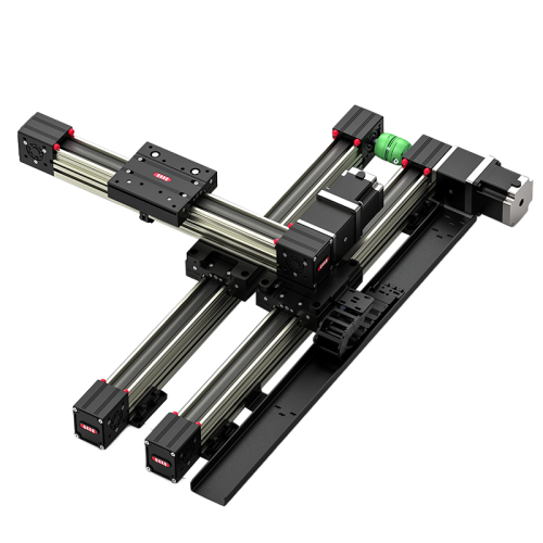 RXP-XY-110-悬臂式XY直线模组结构:该结构采用双平行模组作为底部主运动轴，在移动平台上侧挂安装横向模组，形成典型的悬臂式XY二维运动结构。

底部双导向模组负责主体直线运动，可提供较高的承载能力与运行稳定性；上层横向模组通过侧向悬挂方式安装于移动滑台，实现横向定位与运动功能。由于执行机构位于单侧伸出状态，因此整体属于典型悬臂式结构形式。

相比传统十字平台，该结构具有更大的作业开放空间，便于工件装夹、上下料及设备集成，同时兼顾一定的跨度与负载能力。